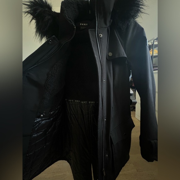 DKNY Black Parka with Faux Fur Hood - Like New (Size Small) - Picture 6 of 6